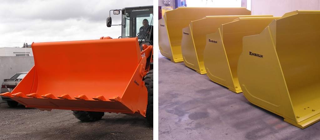 Left: Multi-Purpose 4-in-1 Bucket. Right: High Dump Bucket.