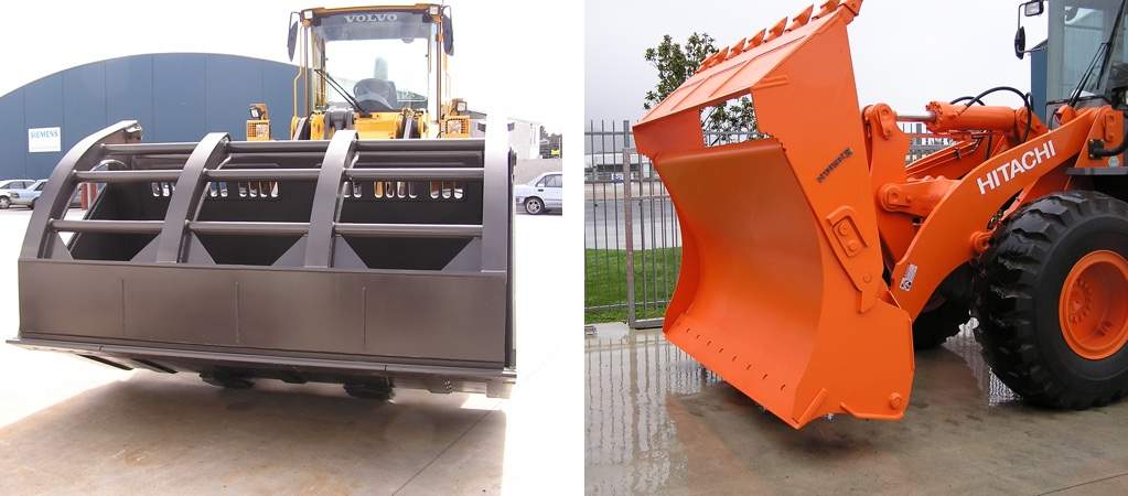 Left: Clamp Bucket. Right: Multi-Purpose 4-in-1 Bucket.