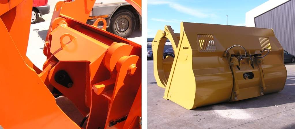 Left: Quick Coupler attached to Wheeled Loader, coupling to a Log Fork. Right: High Dump Bucket with Quick Coupler Mount Brackets