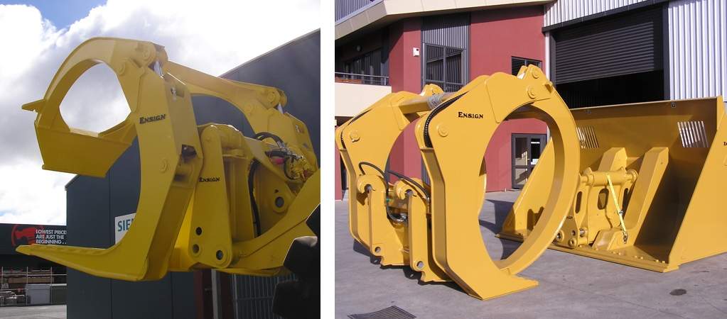 Left: TR2C-A Log Fork with Quick Coupler. Right: Unloading Fork with Quick Coupler Mount Brackets